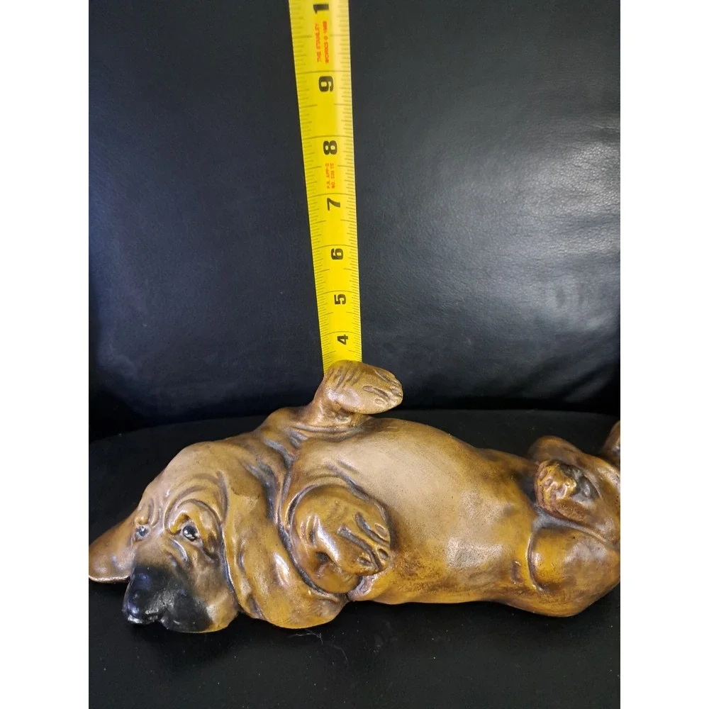 Vintage Chalkware Bassett Hound Dog Sad Eyes Laying On His Back Brown Black 12 